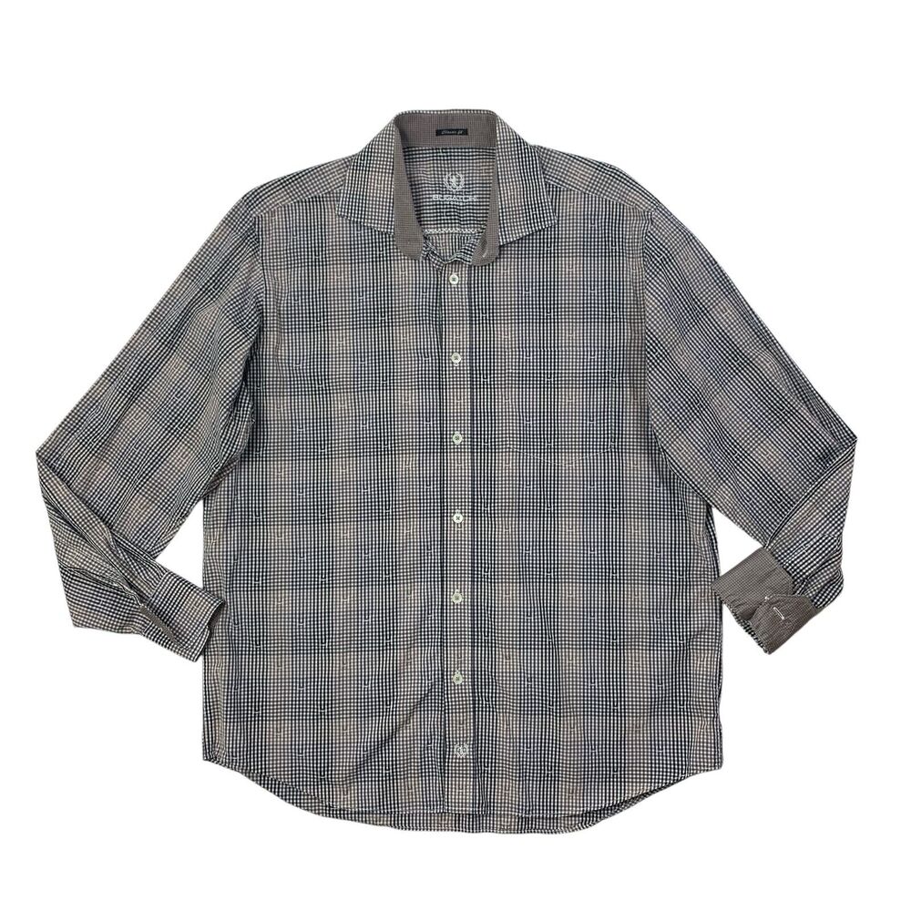 Bugatchi Uomo Shirt Mens L Large Gingham Plaid Classic Fit Cotton Flip Cuffs